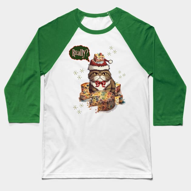 Angry Christmas Cat with Fruitcake Baseball T-Shirt by TempoTees